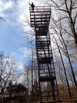 My wife waving at me from the top of Pete's tower!