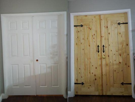 Before and After photos of a Master Bedroom door Job done: Installed real wood, stained and placed hardware