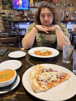 Pizza slice, shrimp bisque, and GF pasta bolognese