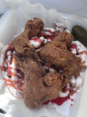 3 Chicken Wings w/pepper & Funnel Cake with Powdered Sugar/Strawberry Topping