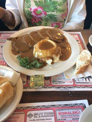 Mashed potatoes and meatloaf