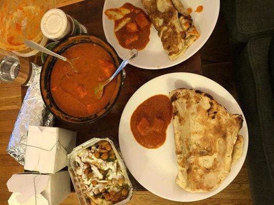 Panir tikka, garlic naan, papri chaat, malai kofta and rice. Feast