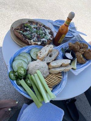 Seafood dip, grouper bites, bbq flatbread