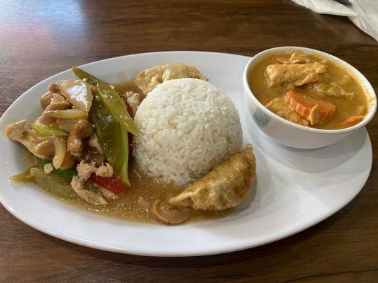 Number 1 lunch treat. Chicken mix rice, two gyoza and masaman curry