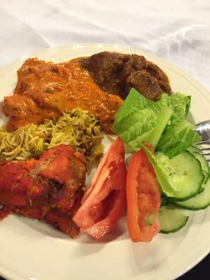 From the buffet - Butter Chicken, Lamb Curry, Tandori Chicken, Rice and Salad