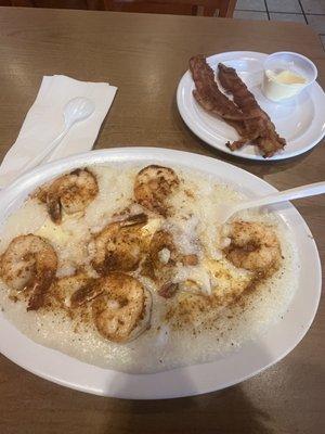 Shrimp & Shrimp and Grits Breakfast Platter (I put my spoon in my food, before taking the picture )