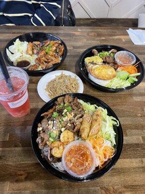 chicken bowl is top left, broken rice on top right, and grilled pork bowl is on the bottom. red guava tea with lychee star jelly!