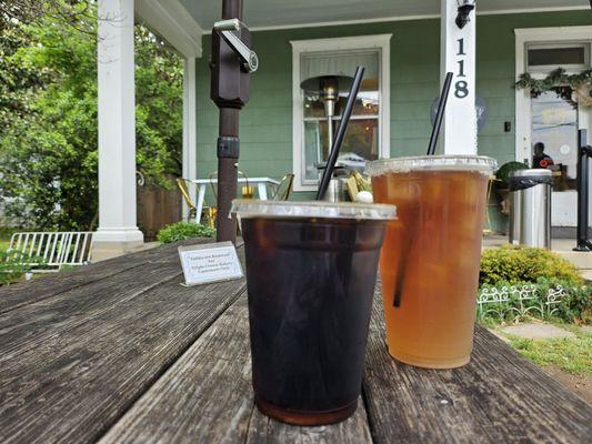 iced coffee and Parisian tea (half tea, half lemonade)