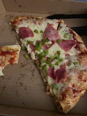 Small Build Your Own Pizza with ham & green peppers. SO GOOD!