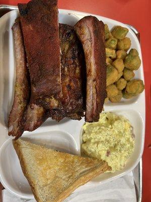 Half rack of ribs, fried okra, potato salad