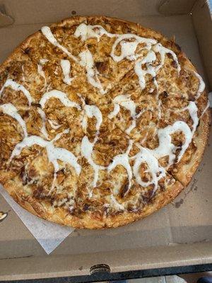 Large Texas Buffalo pizza w ranch sauce