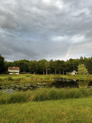 View from our cabin's Adirondack chairs next to the pond