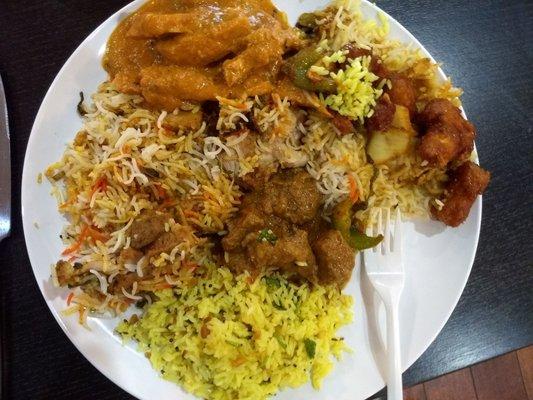 my dish of chicken biryani, butter chicken, chicken Mongolian, and lamb