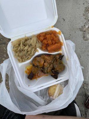 1/4 Chicken Dinner, Sweet Potatoes Small, Cabbage Small, Cornbread