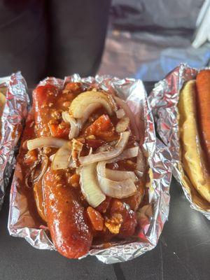 Chili Cheese with sautéed Onions Gourmet Hotdog