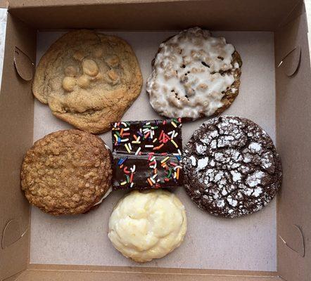 Butterscotch macadamia, iced oatmeal, oatmeal creme pie, brownie, chocolate crinkle, lemon ricotta