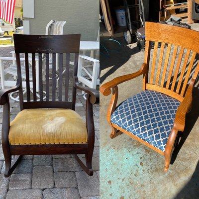 Before (left) and After (right) - full refinish of antique oak rocker and new upholstery