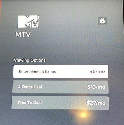 NO MTV.  Can add for $6-$27 more.