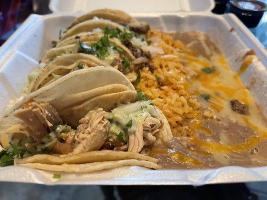 5 Street Taco plate (takeout):  look how thick the shredded chicken is!  Good flavor.  Nicely plated.  5 stars