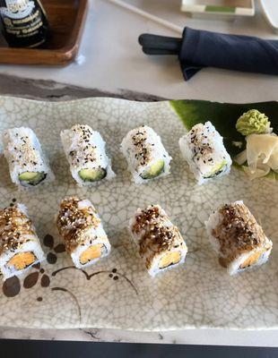 avocado & cucumber roll, sweet potato roll with eel sauce