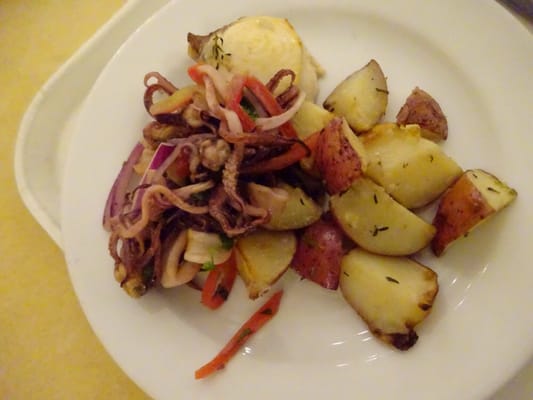 Braised Swordfish, Roasted Potatoes, and Calamari Salad!