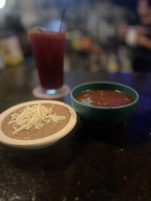 Bean dip, salsa, and a Frida