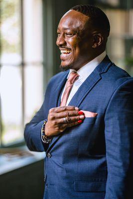 Groom getting ready portrait before a LGBTQ+ wedding in Leesburg, VA