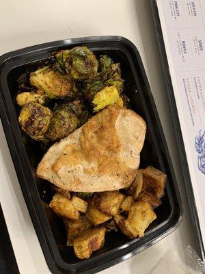 Chicken breast, roasted Brussel sprouts, sweet potato hash (just diced sweet potatoes).