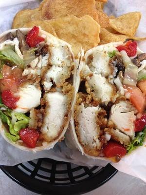 Caribbean Wrap Breaded chicken tenders tossed in a sweet & spicy caribbean sauce with lettuce, mozzarella cheese, mushrooms & roasted