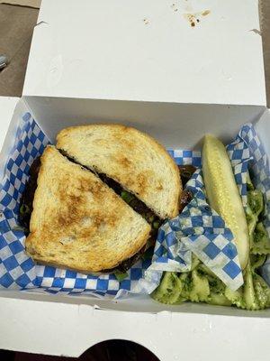 Lentil Patty Melt with side of Pasta Salad