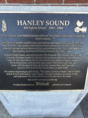 Hanley Sound Monument. Creators of Concert Sound for Woodstock, The Beatles, The Beach Boys , The Rolling Stones & many others.