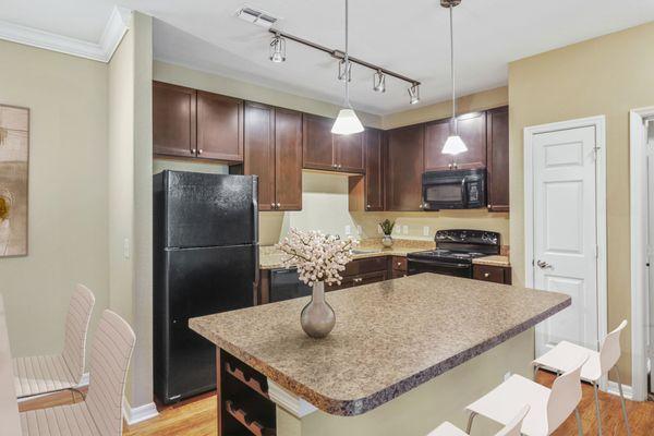 Spacious kitchen with black appliances, dark-colored cabinetry, and a large kitchen island at Lantower Cypress Creek.