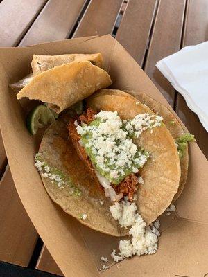 Pollo tacos with queso fresco and guacamole