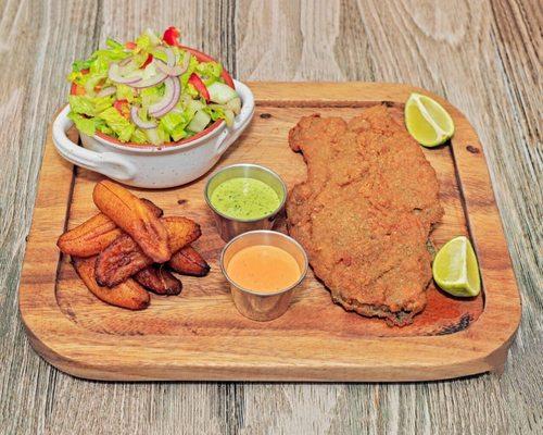 Beef Milanese
Beef Milanese with two sides.
Mixed Salad and Sweet plantain.