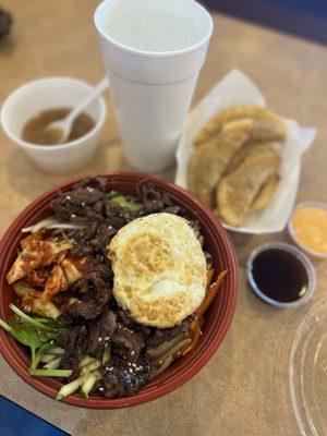 Rice Bowl with bulgogi and everything, pol dumplings and miso soup