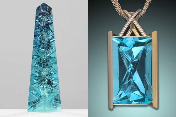 Aquamarine 101 cts. set in 18Kt. & Platinum.  Dom Pedro Aqua Carving by Munsteiner. Pendant by Susan Helmich