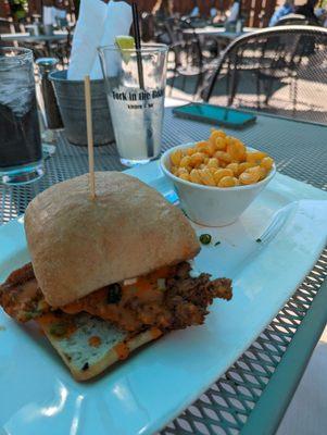 Buffalo Chicken sandwich and side of Mac and Cheese