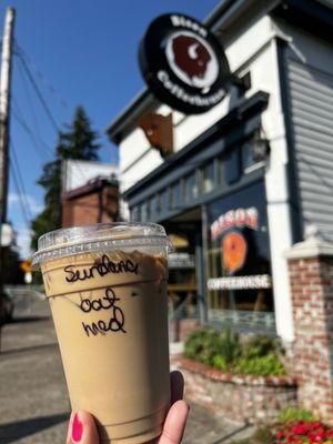 Iced Sundance latte medium roast with oat milk.