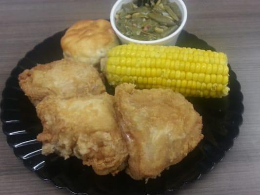 3 piece Wednesday special - fried chicken regular recipe all thighs with corn and green beans.  A great meal for under 5 bucks.