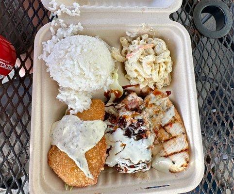 Three fish sampler.  Fried mahi (awesome) grilled ahi (kind of tough), and ono.