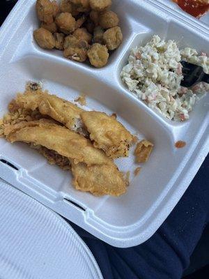 my fish was burnt Cole slaw was dried out  okra was cold& chewy  like they had just been sitting there