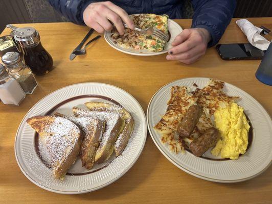 french toast combo with home fries & a veggie omelette for him !