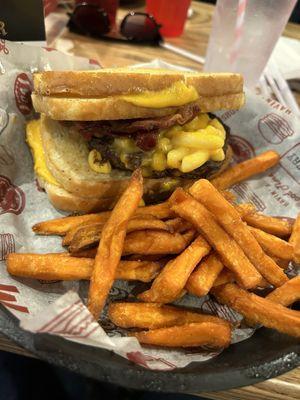 Mac n Cheese Burger and Sweet Potatoes Fries