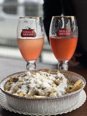 Chile Verde fries with mimosas in the background