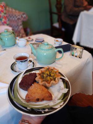 Quiche, chocolate cake, currant scone