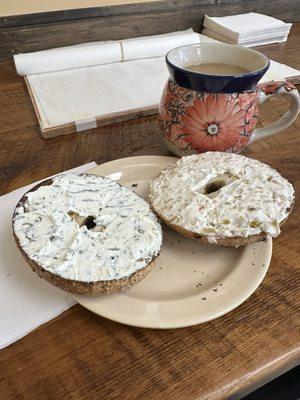 My Mystery Spice bagel with two kinds of cream cheese and coffee in a real mug!