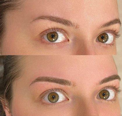 Before and after brow microblading.