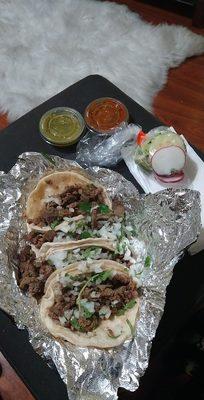 4 Taco Special w/ Sm Drink $6.60 (with tax) Carne Asada Salsa Verde sauce is spicy