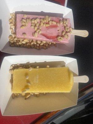 Strawberry paleta, mango paleta, both with piñon nuts