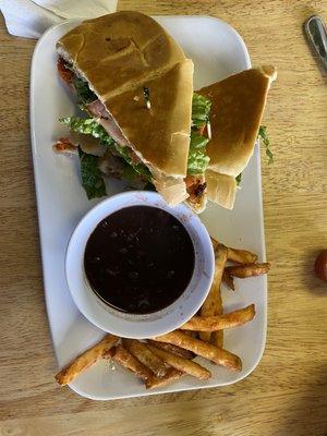 Grilled chicken Cuban with (awesome) black beans and fries